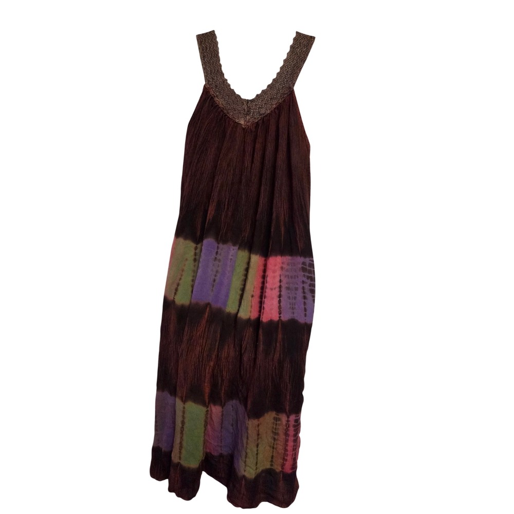 Mamta Brown Tie Dye Crinkle Maxi Dress Crochet Lace V-Neck Boho Free‎ Size